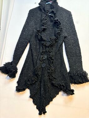 Pretty Angel Fashion Cashmere Blend Ruffle Cardigan Black Boho Gothic Sweater XL